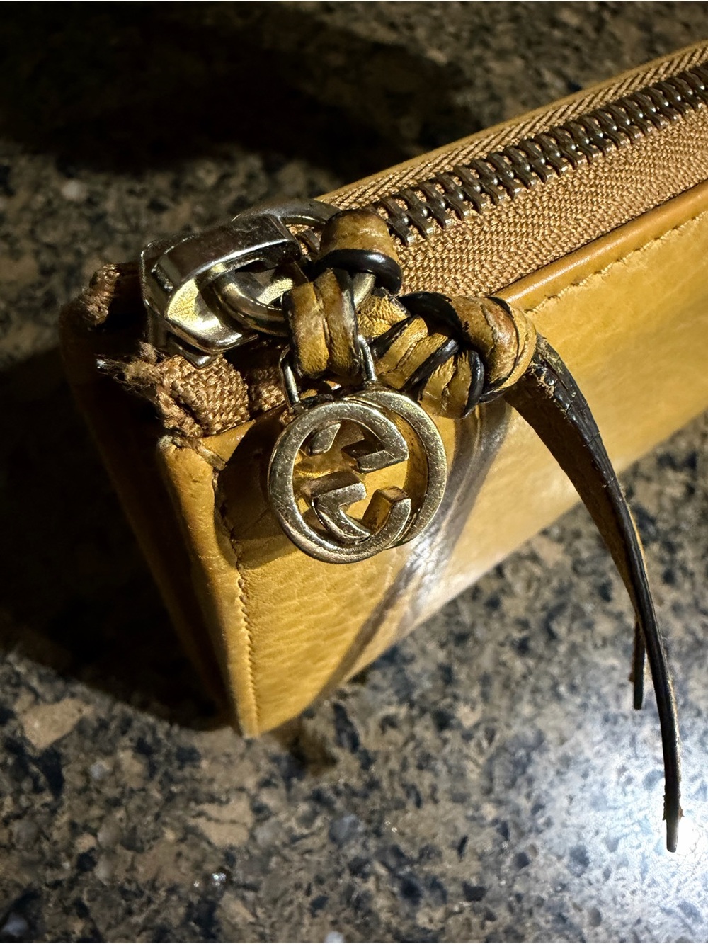Gucci Mustard Leather Zip Wristlet with Interlocking G Charm leather women’s